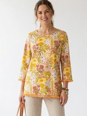 SPARTINA 449 Floral Tunic Top Fringe Trim Soft Knit Coastal Blouse L